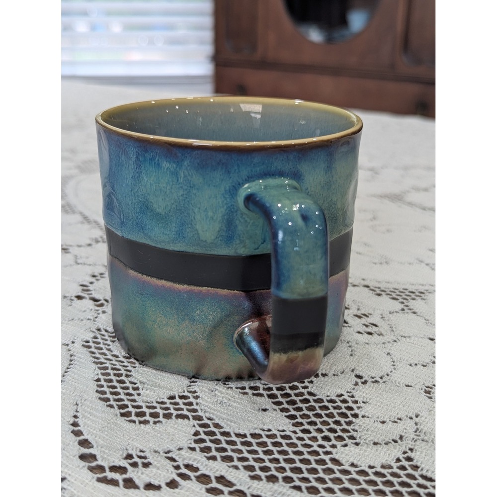 Vintage Coffee Mug Teal Blue Iridescent Studio Pottery Square Handle - Picture 9 of 14